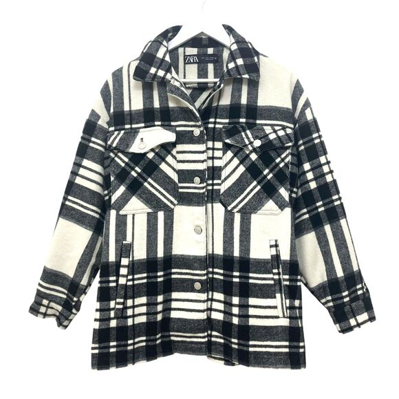Zara Plaid Oversized Heavyweight Wool Blend Overshirt Shacket Women's L Black - Picture 2 of 16